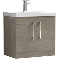 Balterley Contemporary Bathroom Wall Hung 2 Soft-Close Door Vanity Unit & Mid-Edge Ceramic Basin, Solace Oak, 600 mm in Brown