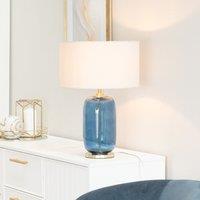 ValueLights Leigh Fabric Drum Shade with Navy Blue Glass & Gold Trim Table Lamp in Nude