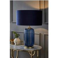 ValueLights Leigh Velvet Drum Shade with Navy Blue Glass & Gold Trim Table Lamp