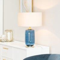 ValueLights Leigh Fabric Drum Shade with Navy Blue Glass & Gold Trim Table Lamp in White
