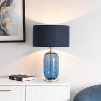 ValueLights Leigh Fabric Drum Shade with Navy Blue Glass & Gold Trim Table Lamp with Bulb