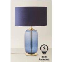 ValueLights Leigh Velvet Drum Shade with Navy Blue Glass & Gold Trim Table Lamp with Bulb