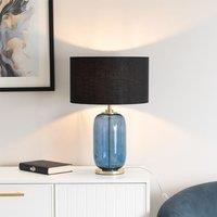 ValueLights Leigh Fabric Drum Shade with Navy Blue Glass & Gold Trim Table Lamp with Bulb in Black