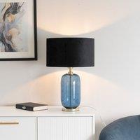 ValueLights Leigh Velvet Drum Shade with Navy Blue Glass & Gold Trim Table Lamp with Bulb in Black
