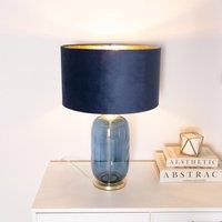 ValueLights Leigh Navy Blue & Gold Glass Table Lamp with Navy Velvet & Gold Inner Shade in Dark Navy