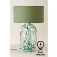 ValueLights Belinda Confetti Glass Table Lamp with Fabric Drum Shade & Bulb in Green