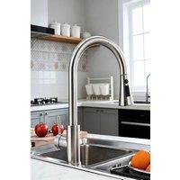 JANLEMNY High Arch Pull-Out Kitchen Mixer Tap Brushed Nickel Stainless Steel in Silver | Size: 1000mm x 400mm