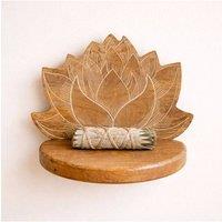 KDMD Lotus Mango Wood Wall Shelf Whitewash Carved Display Shelf in Brown