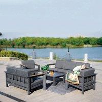 MIMO Aluminum Outdoor Sofa Set with Teak Armrests - Glass Coffee Table in Dark Grey | Size: 5 Pack