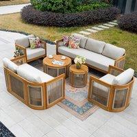 MIMO Outdoor Solid Wood Sofa Set with Rope Detailing - Round Coffee Table in Natural | Size: 5 Pack