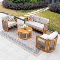 MIMO Outdoor Rope Solid Wood Loveseat Sofa Set with Round Coffee Table in Natural | Size: 4 Person