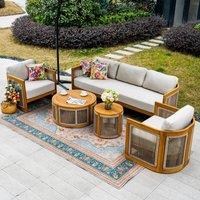 MIMO Outdoor Solid Wood Three-seat Sofa Set with Rope Detailing in Natural | Size: 5 Pack