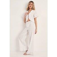 NastyGal Women's Broderie Tie Front Ruffle Trouser Pajama Set in White | Size: Large