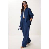 Happiness Istanbul Women's High Waist Wide Leg Two-Piece Co-ord Set with Shirt Collar in Navy | Size: Small