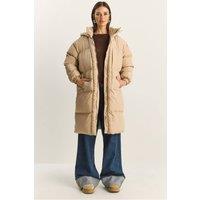 Bianco Lucci Women's Hooded Long Sleeve Puffer Jacket with Pockets in Beige | Size: Large