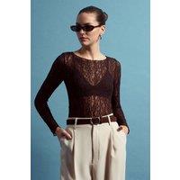 Dilvin Women's Slim Fit Lace Boat Neck Blouse in Dark Brown | Size: Medium