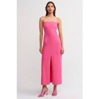 Dilvin Women's Strapless Fitted Midi Dress With Slit in Bright Pink | Size: Medium