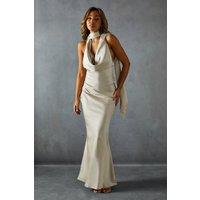 MissPap Women's Satin Cowl Wrap Neck Maxi Dress in Champagne | Size: 16
