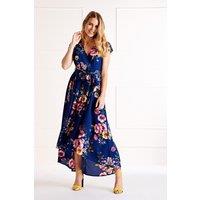 Mela Women's Blue Floral Wrap Over Dipped Hem Midi Dress in Navy | Size: 26