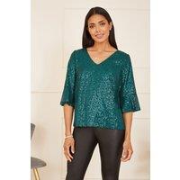 Yumi Women's Green Sequin Top With Fluted Sleeve | Size: 14