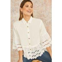 Yumi Women's White Linen Relaxed Shirt With Scallop Trims | Size: 14