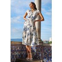 Yumi Women's White Abstract Floral Midi Shirt Dress in Ivory | Size: 12