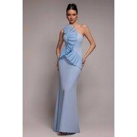 Goddiva Women's One Shoulder Pleated Fan Maxi Dress in Mid Blue | Size: 18
