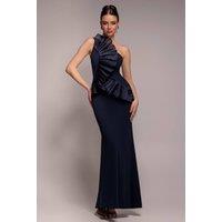 Goddiva Women's One Shoulder Pleated Fan Maxi Dress in Navy | Size: 18