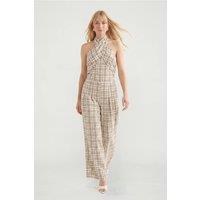 Lily and Lionel Women's Ardern Halterneck Check Culotte Jumpsuit in Light Beige | Size: 10