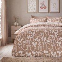 OHS Illustrated Bows Duvet Cover Set with Pillowcase Polycotton Bedding in Natural | Size: King
