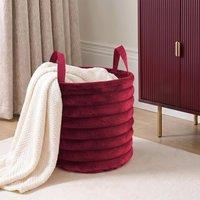 OHS Ribbed Faux Fur Storage Basket with Handles Compact Bucket Organiser in Red