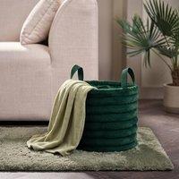 OHS Ribbed Faux Fur Storage Basket with Handles Compact Bucket Organiser in Dark Green