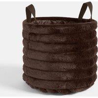 OHS Ribbed Faux Fur Storage Basket with Handles Compact Bucket Organiser in Chocolate
