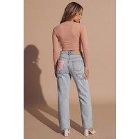 Femme Luxe Women's Wash Distressed Straight Leg Jeans With Pink Pocket Detail in Light Blue | Size: 8