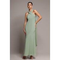 Goddiva Women's Cross Front Scarf Back Chiffon Mermaid Maxi Dress in Light Green | Size: 18