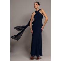 Goddiva Women's Cross Front Scarf Back Chiffon Mermaid Maxi Dress in Navy | Size: 14
