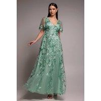 Goddiva Women's Flared Sleeve Embroidered Maxi Dress in Pale Green | Size: 16