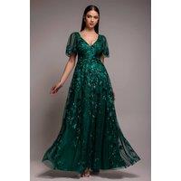 Goddiva Women's Flared Sleeve Embroidered Maxi Dress in Emerald | Size: 8