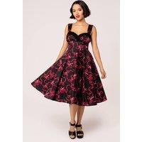 Hell Bunny Women's Bownita Bow Print 50s Style Cotton Circle Dress Sweetheart Neckline in Black | Size: 3XL