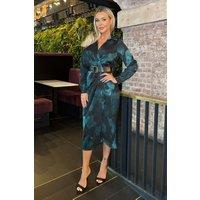 AX Paris Women's Teal & Black Smudge Print Belted Wrap Midi Shirt Dress | Size: 8