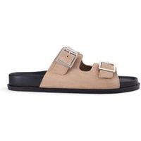 Clarks Women's Zarlea Buckle Sand Suede Flat Sandals in Beige | Size: 7-Standard Fit