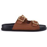 Clarks Women's Zarlea Buckle Tan Suede Flat Sandals in Brown | Size: 6-Standard Fit