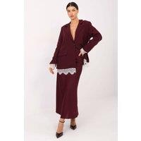 Love Lace Women's Lace Trim Elegant Blazer with Shoulder Pads in Burgundy