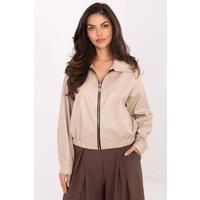 Love Lace Women's Short Casual Leather Zip Jacket with Wide Collar in Beige