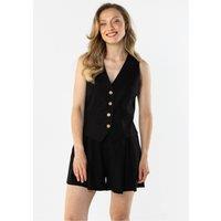 Love Lace Women's Fitted V Neck Linen Vest with Button Front in Black | Size: Large