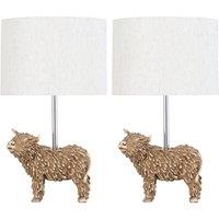 First Choice Lighting Set of 2 Angus - Highland Cow Table Lamps With Oatmeal Linen Shade in Cream