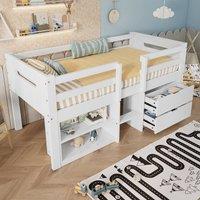 Merax 3ft Single Kids Wooden Mid Sleeper Storage Bed with 2 Drawers, Shelves in White