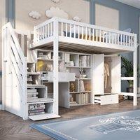 Matteo White Kids Single Loft Bed with Desk, Storage Stairs