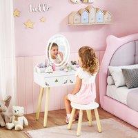 AIYAPLAY Kids Vanity Table & Chair Set with 3-Colour LED Lights Mirror in White