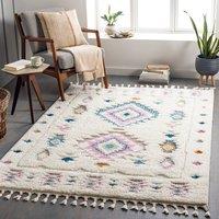 Livabliss Lofty-Shaggy Ivory Pink Blue Vintage Boho Plush Soft Pile Fringe Living Bedroom Rug | Size: 200 cm x 275 cm